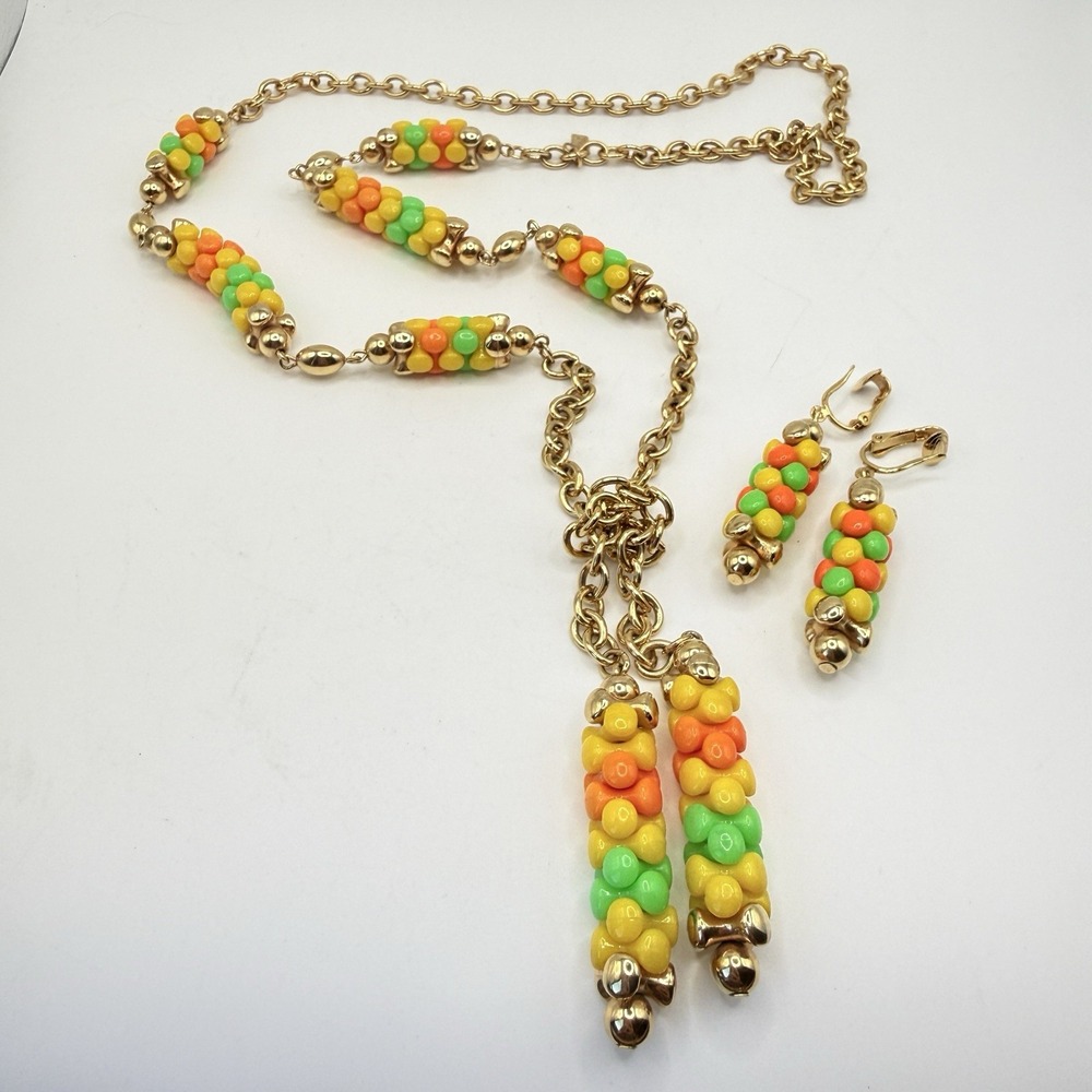 Vintage Sarah Coventry Yellow Orange Green Carousel Lariat NECKLACE & EARRINGS